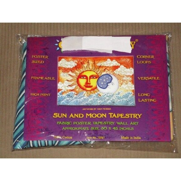 New Mini Sun Moon & Ocean Tapestry Wall Hanging Art Gift Celestial Clouds 45x30 - Picture 2 of 3